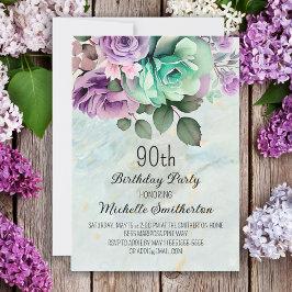 Convite Mint Green Purple Floral Butterfly 90 Birthday