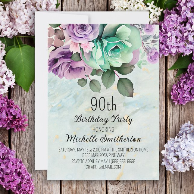 Convite Mint Green Purple Floral Butterfly 90 Birthday (Criador carregado)