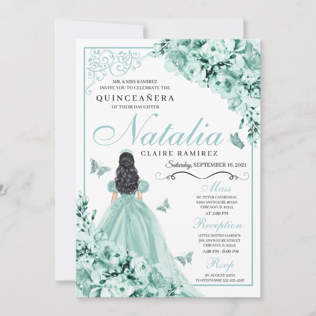 Convite Mint Green Rosa Princesa Dress Quinceanera (Frente)
