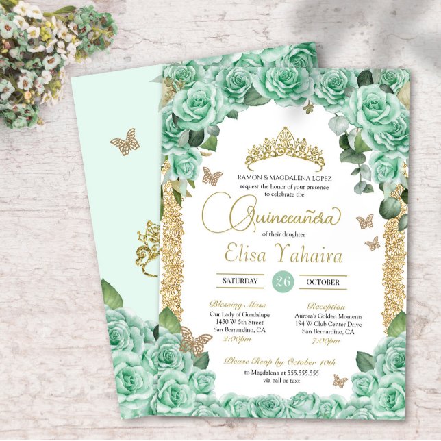 Convite Mint Green Rosas & Butterfly Quinceanera (Criador carregado)