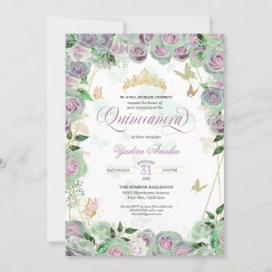 Convite Mint Green Rosas Elegante Borboleta Quinceanera Em