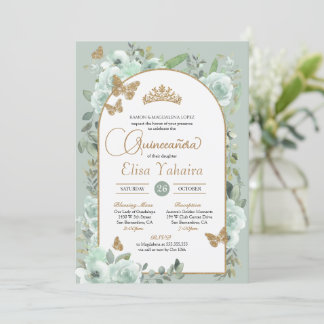 Convite Mint Green Sage Borboleta Dourada Floral Quinceañe
