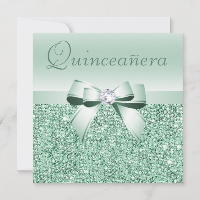 Convite Mint Green Sequins, Arco e Diamond Quinceanera (Frente)