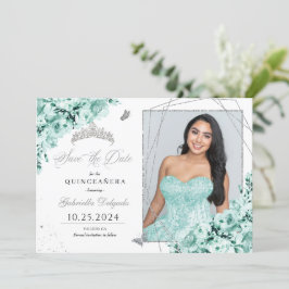 Convite Mint Green Silver Quinceañera Salve A Foto Da Data