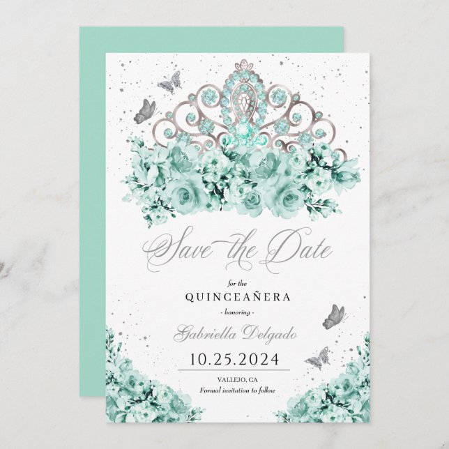 Convite Mint Green Silver Tiara Salve A Data Quinceañera (Frente/Verso)