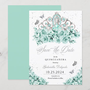 Convite Mint Green Silver Tiara Salve A Data Quinceañera