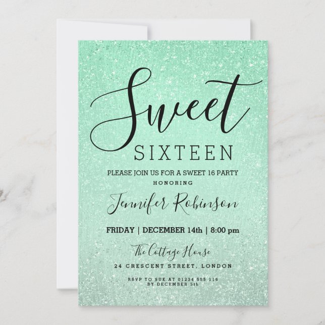 Convite Mint Green Sweet 16 Aniversário Glitter (Frente)