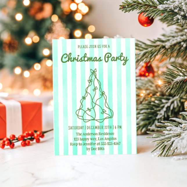 Convite Mint Green Watercolor Stripe Christmas Party       (Criador carregado)