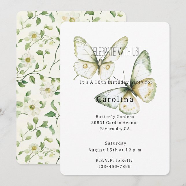 Convite Mint Green White Butterflies Birthday (Frente/Verso)