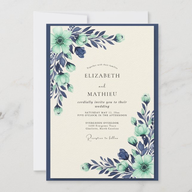 Convite Mint Navy Tranquil Botanical Wedding (Frente)