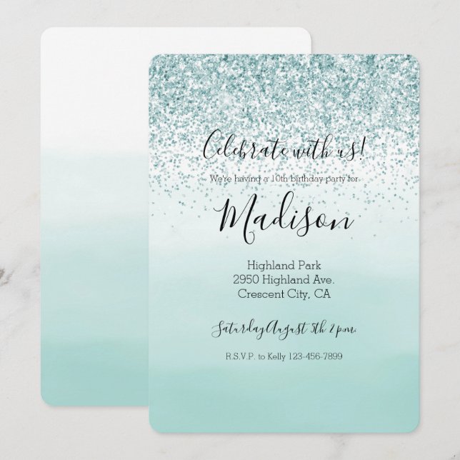 Convite Mint Ombre Glitter (Frente/Verso)