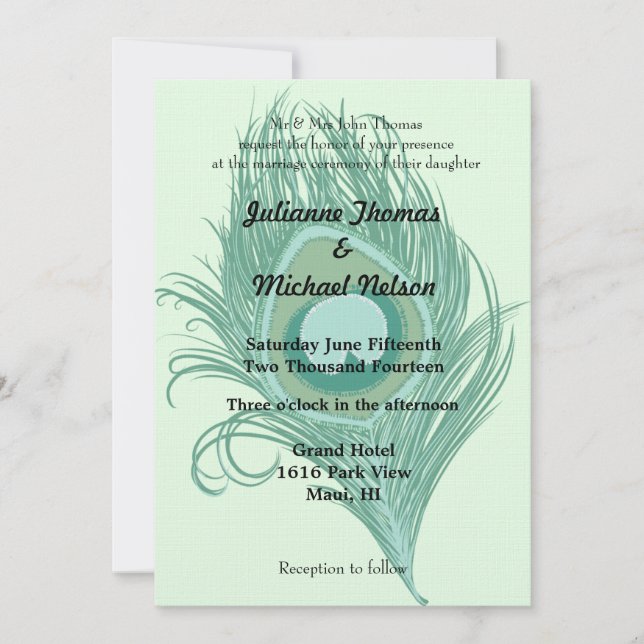Convite Mint Peacock Feather Wedding (Frente)