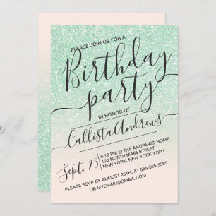 Convite Mint Pink Faux Sparkly Ombre Birthday