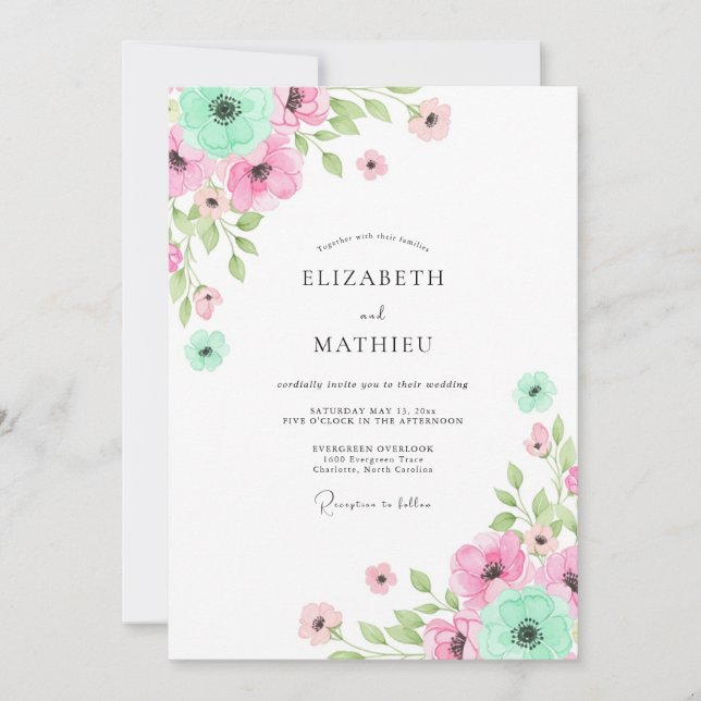 Convite Mint Pink Floral Whimsy Wedding (Frente)