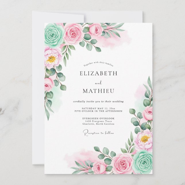 Convite Mint Pink Watercolor Botanical Wedding (Frente)