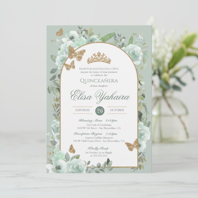 Convite Mint Sage Green Watercolor Butterfly Quinceanera (Em pé/Frente)