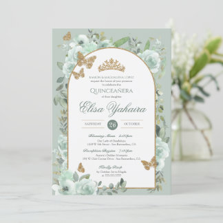 Convite Mint Sage Green Watercolor Butterfly Quinceanera
