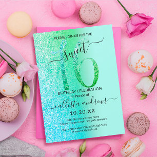 Convite Mint Sea Green Blue Glitter Ombre Sweet 16