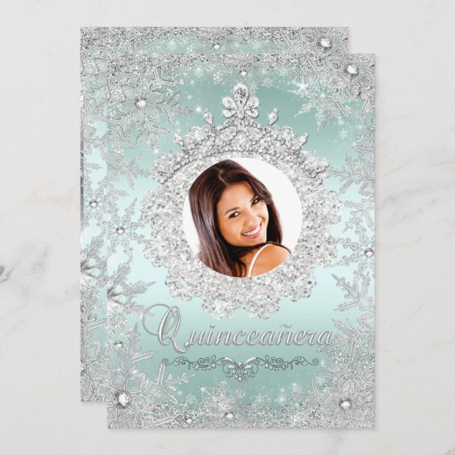 Convite Mint Silver Tiara Snowflake Sparkle Quinceanera (Frente/Verso)