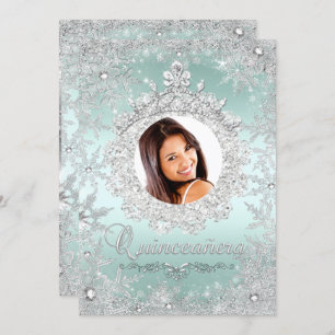 Convite Mint Silver Tiara Snowflake Sparkle Quinceanera