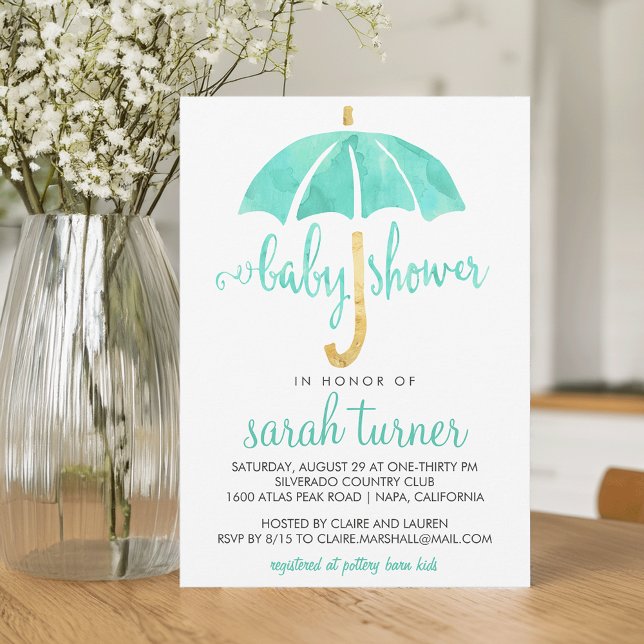 Convite Mint Umbrella Neutral Baby Shower Invtions (Criador carregado)