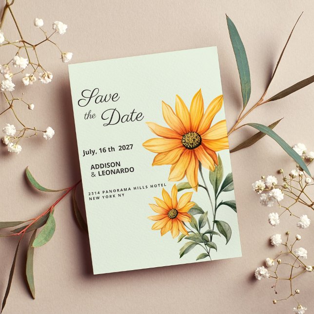 Convite Mint verde laranja amarelo girassol Salvar a Data (Mint green orange yellow sunflower Save the Date)