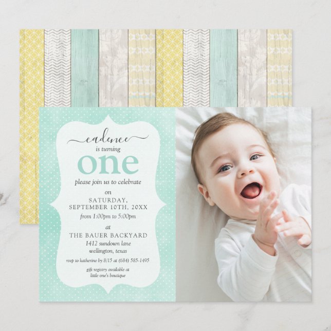 Convite Mint & Yellow Cottage Rustic Wood Fotografia Geomé (Frente/Verso)