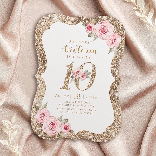 Convite Minúscula cintilação de ouro e 10 anos florais (Sparkle faux gold glitter and floral 10th birthday invitation)