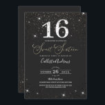 Convite Minúscula Negra Moderna Confetti Sweet 16<br><div class="desc">Este moderno, bonito e elegante convite de aniversário de dezesseis anos é perfeito para um evento clássico. Ele apresenta um confete cinza-preto esparso impresso por cima e por baixo, brilho branco, "Doce Dezesseis", tipografia que se senta sobre um simples fundo preto. É chic, glamouroso, feminino, e moda; o design perfeito...</div>