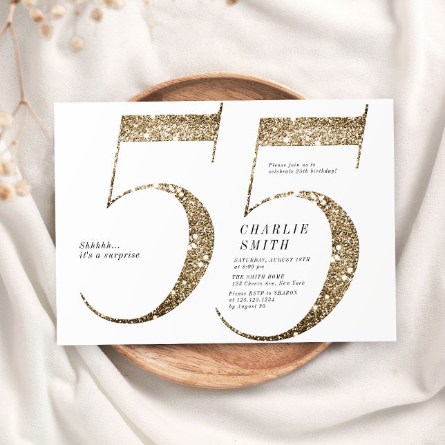 Convite Minúsculo e moderno brilho de ouro fraco 55 anos (Modern minimalist faux gold glitter 55th birthday invitation)