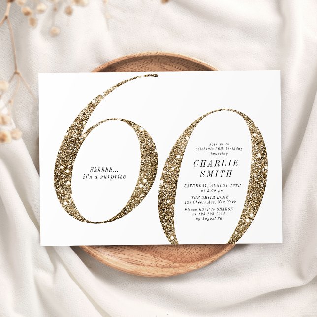 Convite Minúsculo e moderno brilho do ouro a 60 anos (Modern minimalist faux gold glitter 60th birthday invitation)