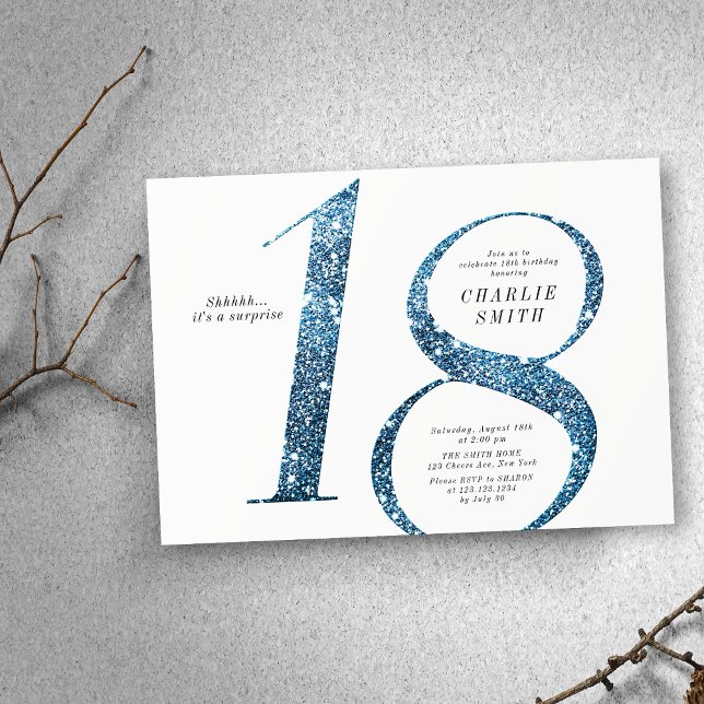 Convite Minúsculo moderno brilho azul azul brilhante 18 an (Modern minimalist faux blue glitter 18th birthday invitation)
