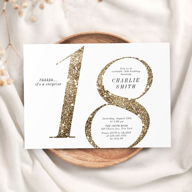 Convite Minúsculo moderno brilho de ouro falso 18 anos (Modern minimalist faux gold glitter 18th birthday invitation)