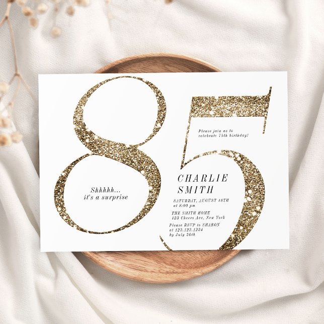 Convite Minúsculo moderno brilho de ouro falso 85 anos (Modern minimalist faux gold glitter 85th birthday invitation)