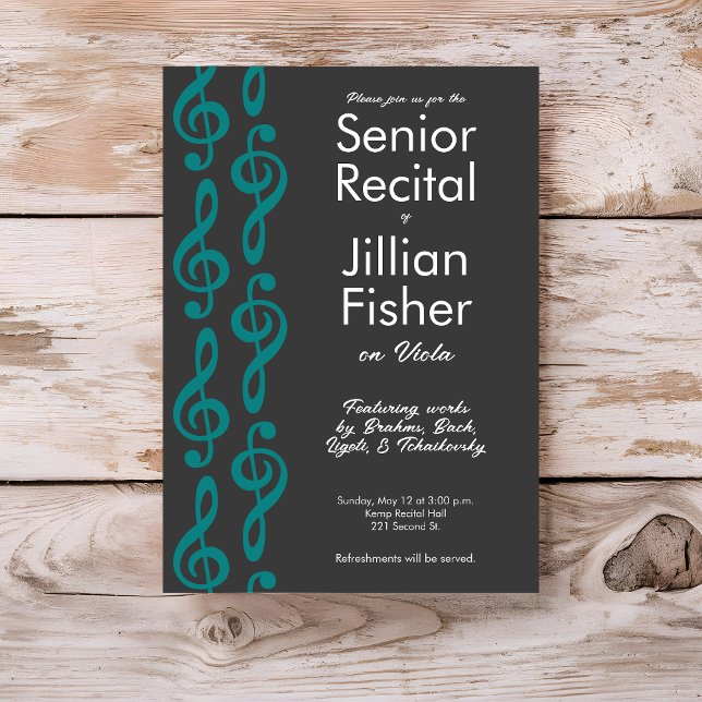 Convite Minúsculo Treble Clef Mais velho Music Considerand (Minimalist treble clef custom music senior recital invitation template by Horn and Castle.)