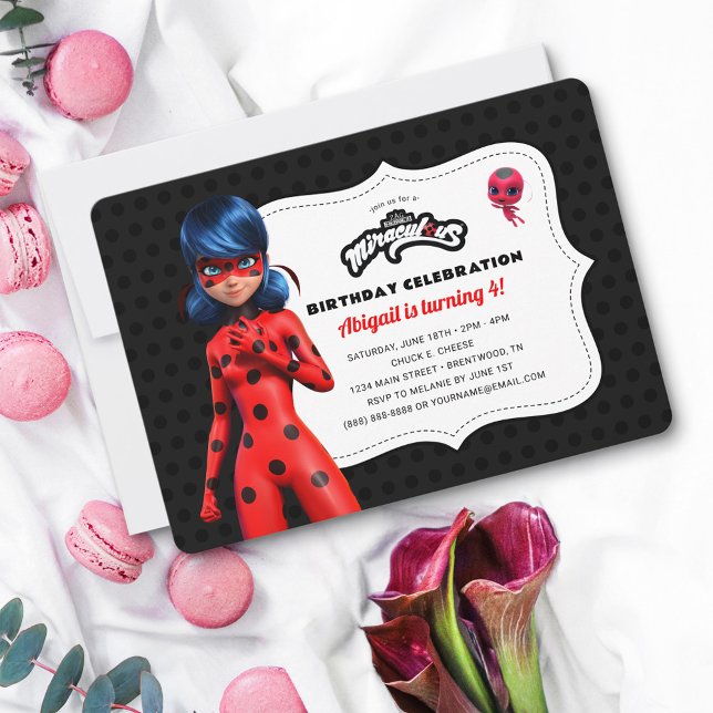 Convite Miraculoso Ladybug Birthday (Invitation with macarons and flowers)