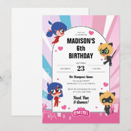 Convite Miraculoso Ladybug e Cat Noir Chibi Aniversário