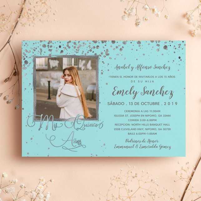 Convite Mis Quince Anos Blue Silver Foto de Trendy Espanho (Criador carregado)