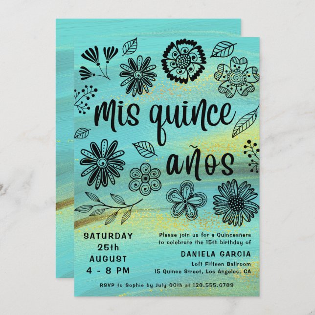 Convite Mis Quince Años Chic Turquoise Floral Quinceañera (Frente/Verso)