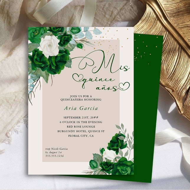 Convite Mis Quince Anos Emerald Green Floral Quinceanera (Mis Quince Anos Invitation from the Royal Rose Emerald Green Quinceanera Collection by Darling & May)