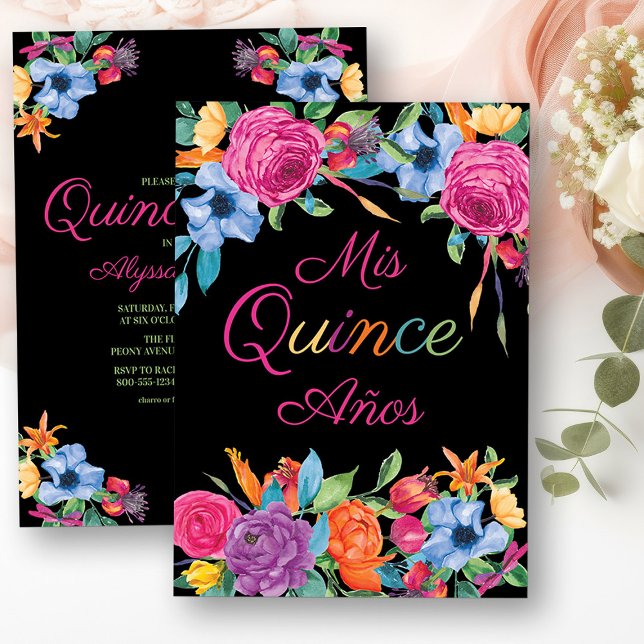 Convite Mis Quince Anos Fiesta Flores Black Quinceanera (Mis Quince Invitation from my Fiesta Flowers Quinceanera Collection)