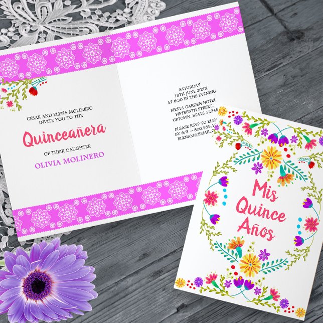 Convite Mis Quince Anos Floral Mexicana Fiesta Quinceanera (Quinceanera Invitation from my Mexican Fiesta Flowers Quinceanera Collection -printed or digital)