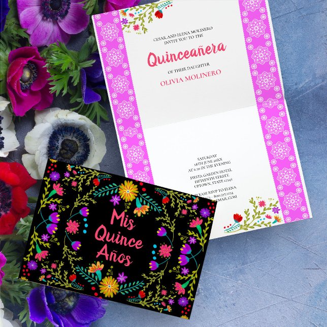 Convite Mis Quince Anos Floral Quinceanera Mexicana Fiesta (Colorful Mis Quince folded invitation  with mexican fiesta flowers and papel picado design inside)