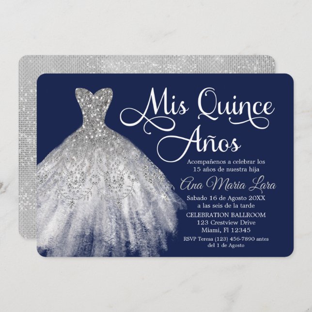Convite Mis Quince Años Invitación de Quinceañera Azul (Frente/Verso)