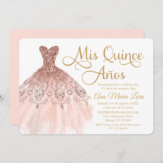 Convite Mis Quince Años Invitación de Quinceañera Rosada (Frente/Verso)