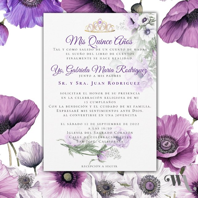 Convite Mis Quince Años Modernos (Hermosa invitación de Quince años de Amapolas Lilas -Beautiful Lilac Poppies Quince Años invitation )