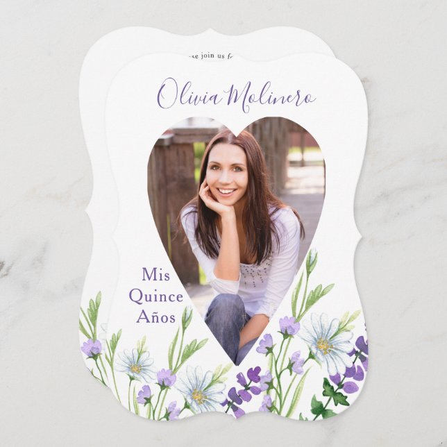 Convite Mis Quince Anos Photo Purple Floral Quinceanera (Frente/Verso)