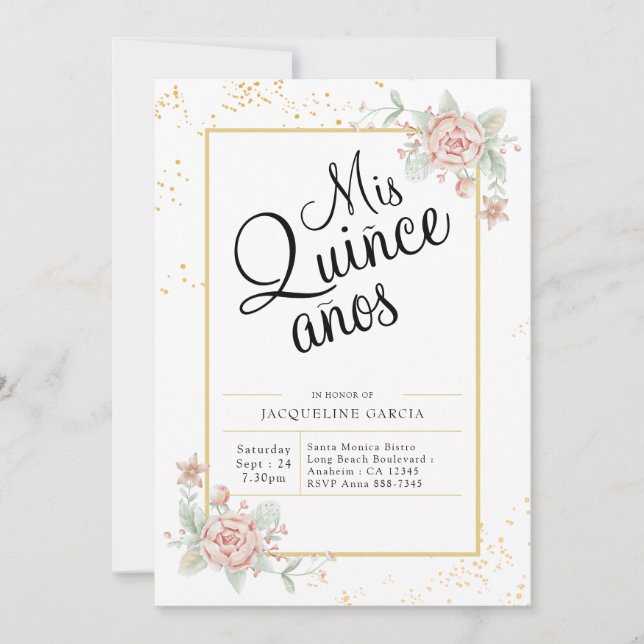 Convite Mis Quince Anos Pink Floral Quinceañera (Frente)