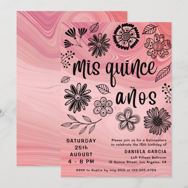 Convite Mis Quince Años Rosa Moderna Quinceañera (Frente/Verso)