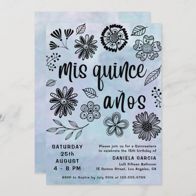 Convite Mis Quince Años Watercolor Blue Quinceañera (Frente/Verso)